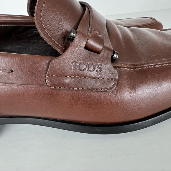 TOD’s Men Brown CrissCross Band Leather w Side Bars ClassIc Penny Loafer Sz 10 - Picture 3 of 15
